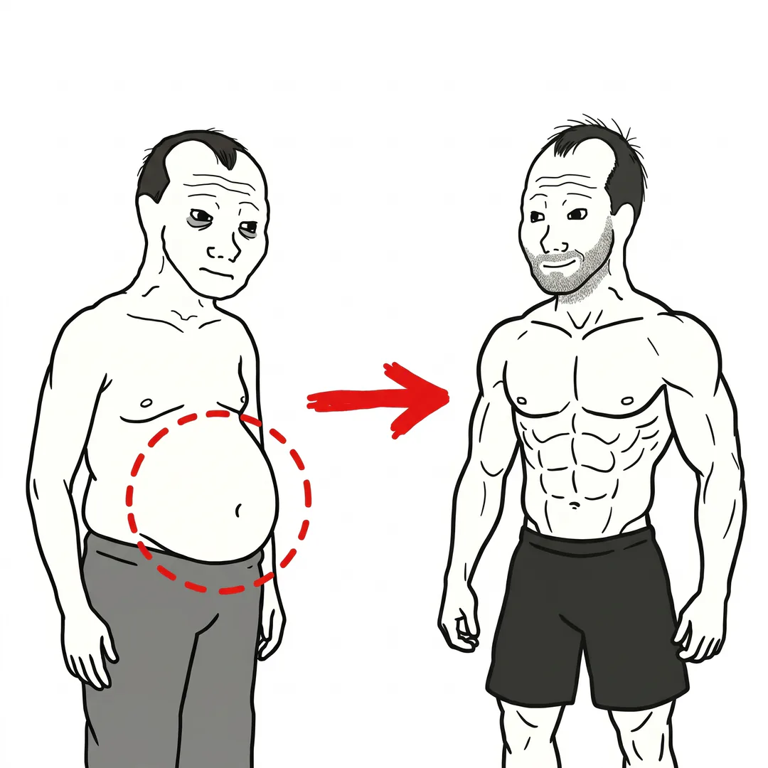 Chevy antes, con ojeras y la barriga marcada en rojo, y después, con abdomen marcado, hombros anchos y brazos grandes
