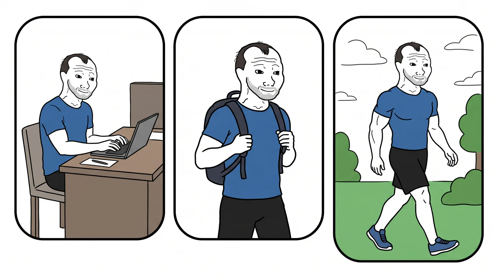 Chevy estético en tres escenas: trabajando en su laptop, con mochila de estudiante y caminando al aire libre
