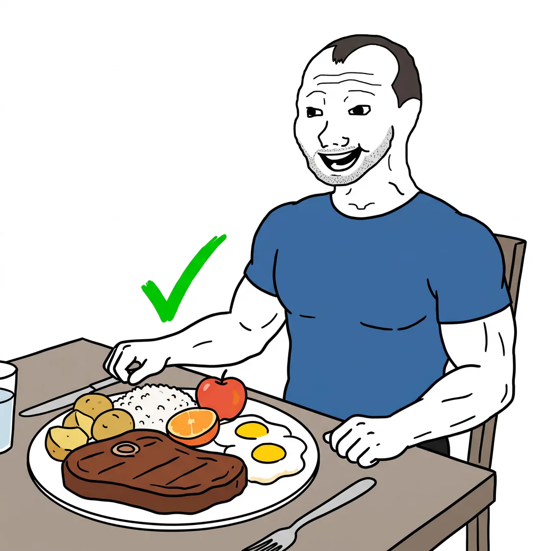 Chevy estético sonríe frente a un plato con carne, arroz, papas, huevos y fruta, con un check verde