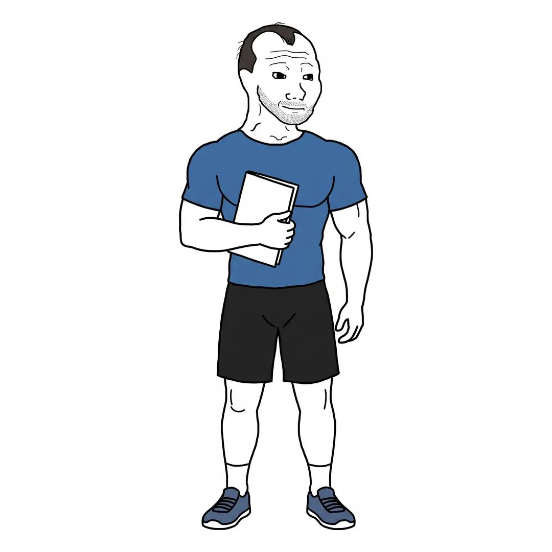 Chevy estético, con camiseta azul, short negro y tenis azules, con la guía del plan bajo el brazo